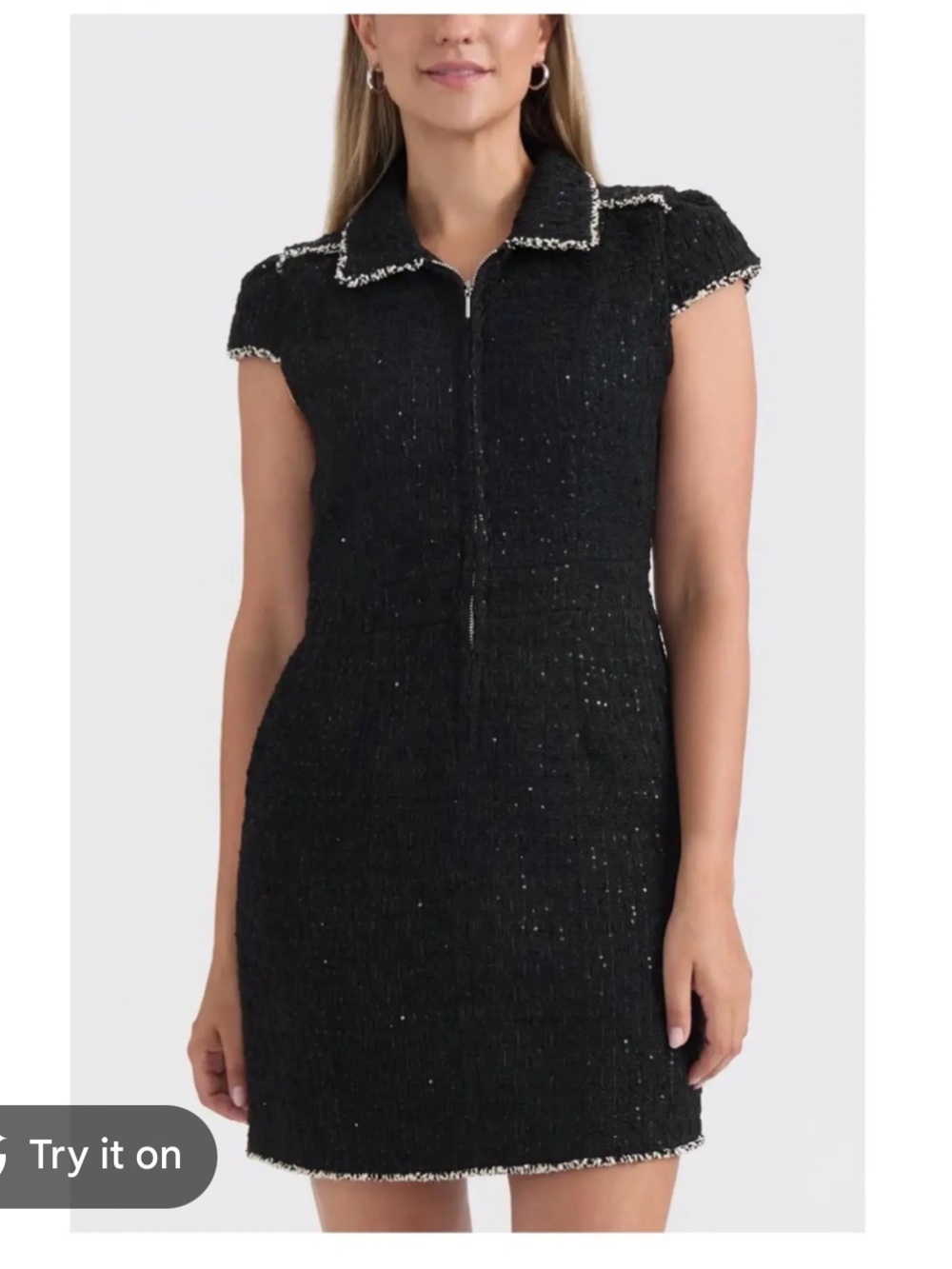 Ellen Tracy Black Tweed Short-Sleeve Zip Dress with Contrast Trim